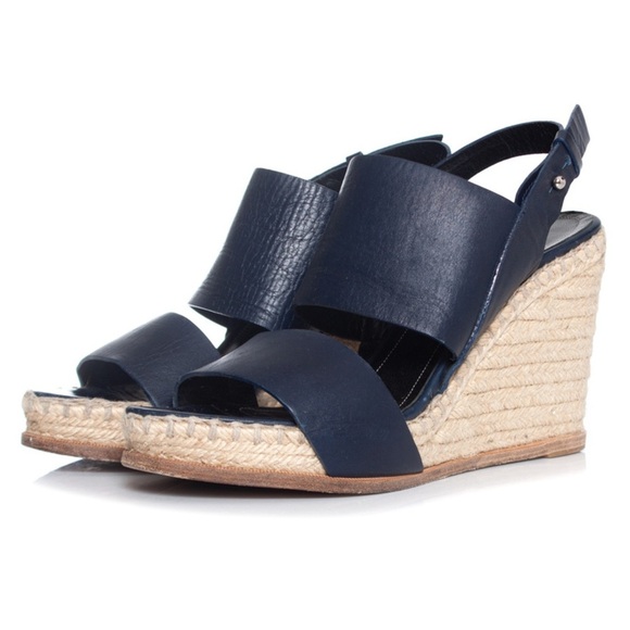 Balenciaga Navy Blue Leather Espadrille Wedge Sandals Sz 39 - Picture 1 of 16